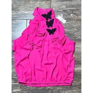 NY‎ & Company Pink Ruffle Sleeveless High Neck Blouse Black Butterflies L Petite